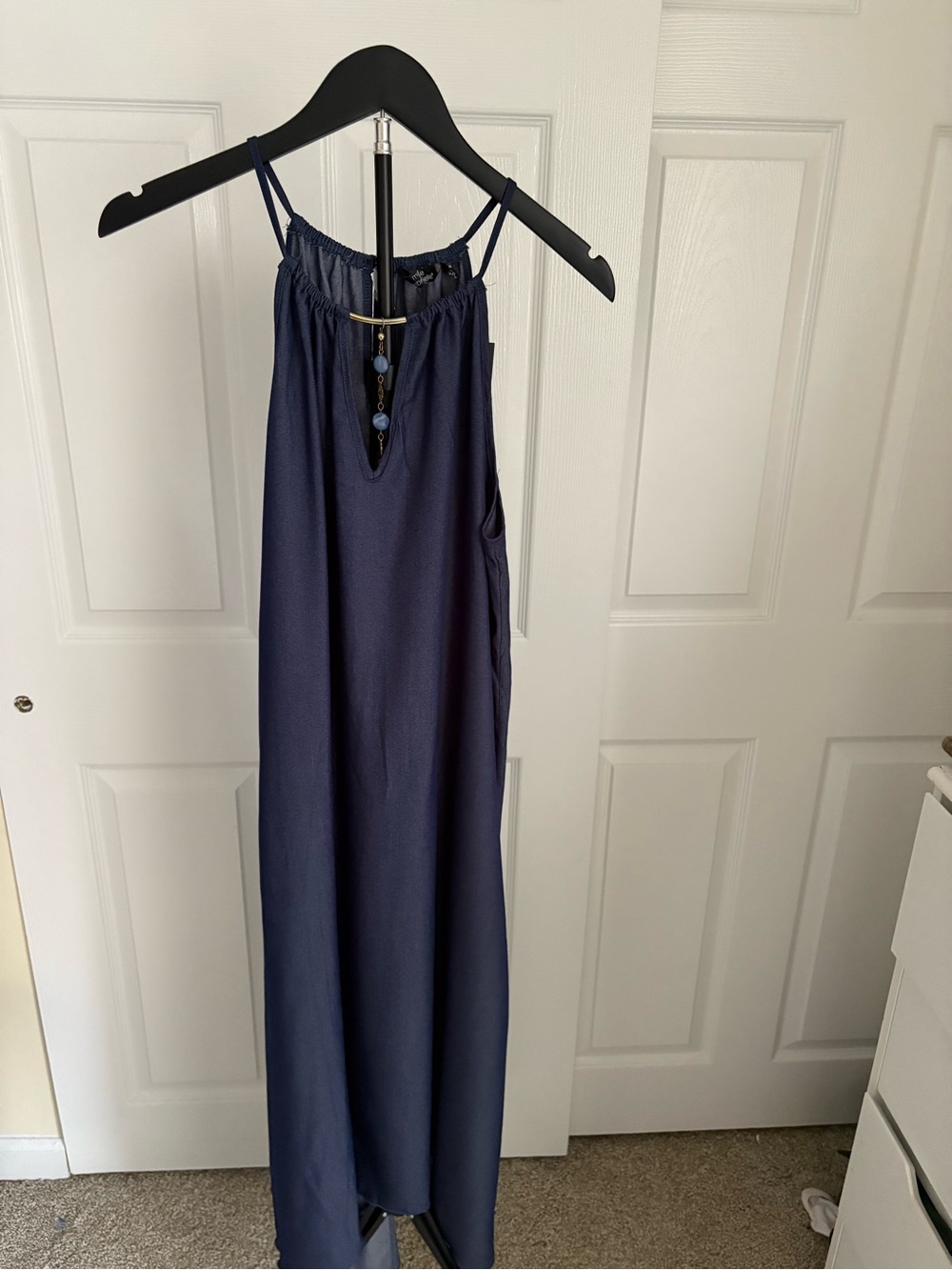Mlle Gabrielle Navy Blue Beaded-Accent Maxi Dress